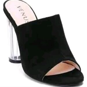 Venus clear lucite chunky heel vegan suede slip on Peep toe heels